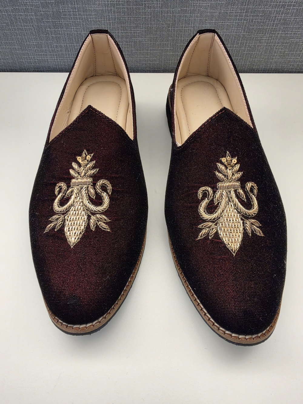 Men's Embroidered Burgundy Velvet Slip-On Loafers